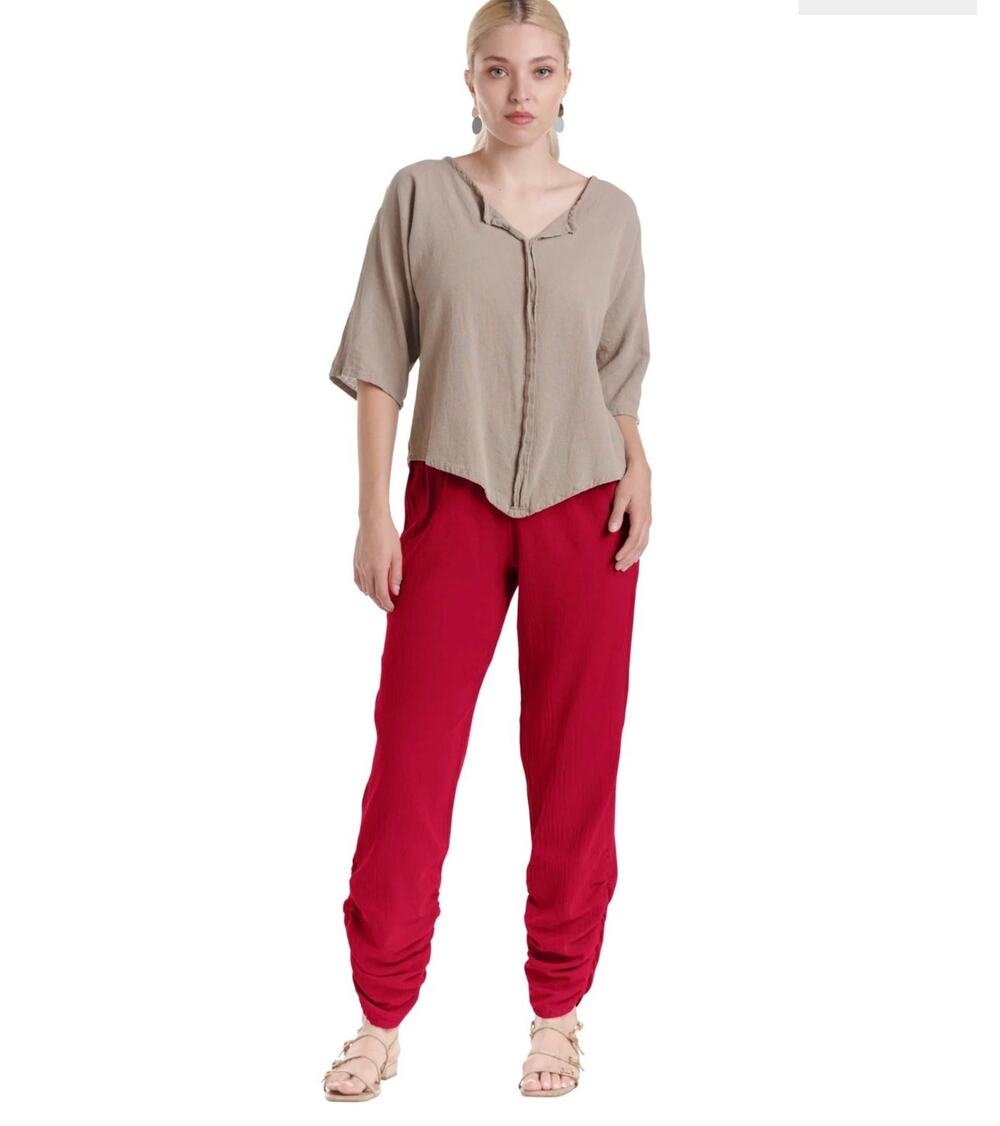 Oh My Gauze Essie Cotton Gauze Pants Womens 2 (XS/S) Red Crimson Ruched Hem